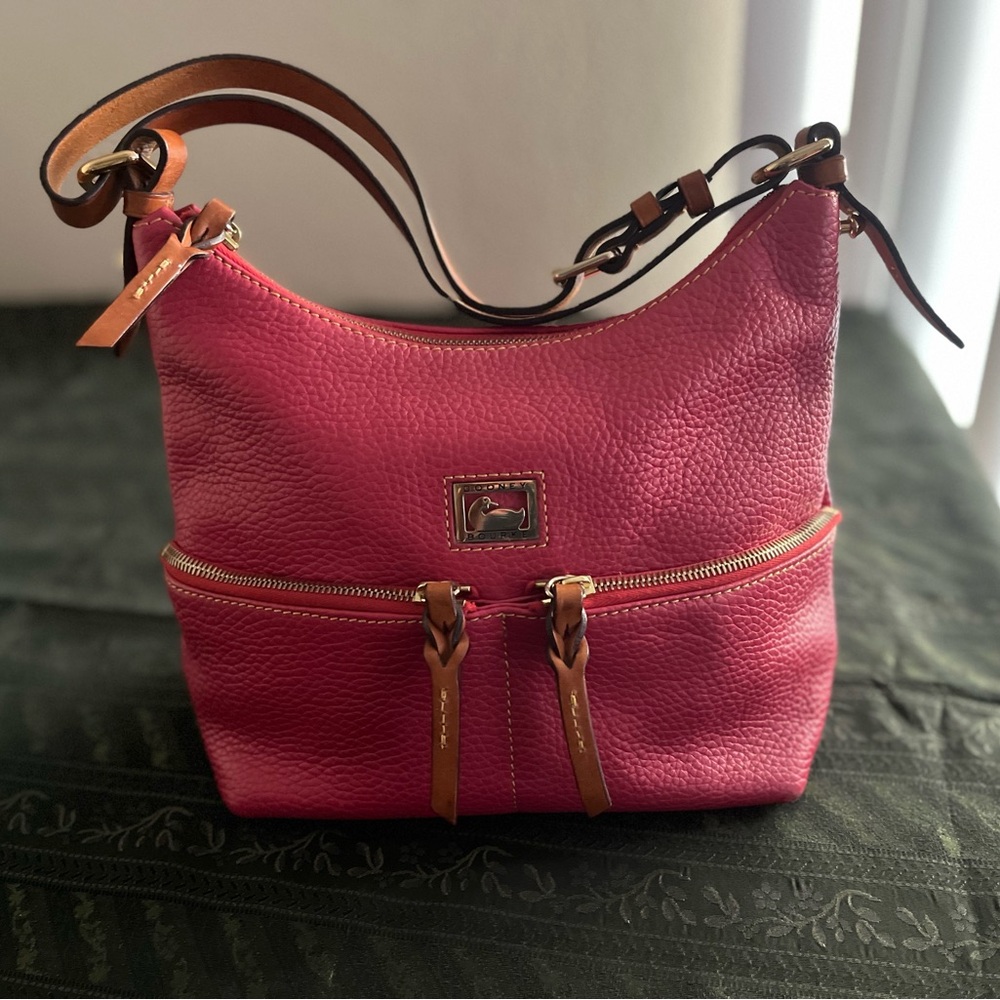 Dooney & Bourke Pebble grain Alyssa Pink Leather Shoulder Bag with Tan Trim